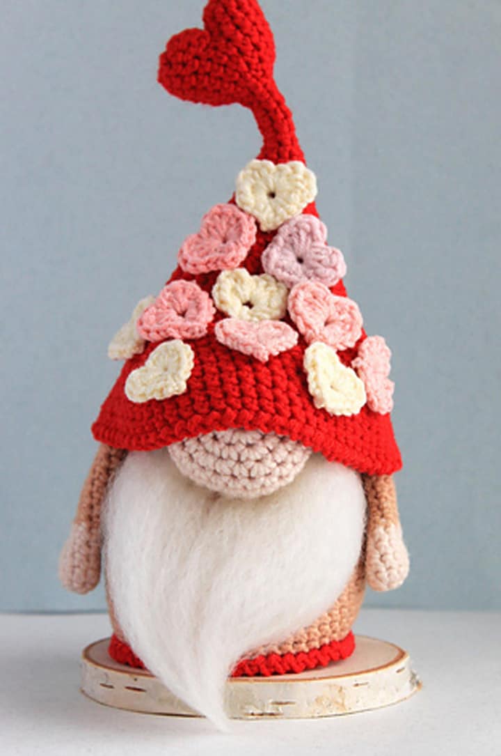 Red, white and pink heart themed crochet gnome