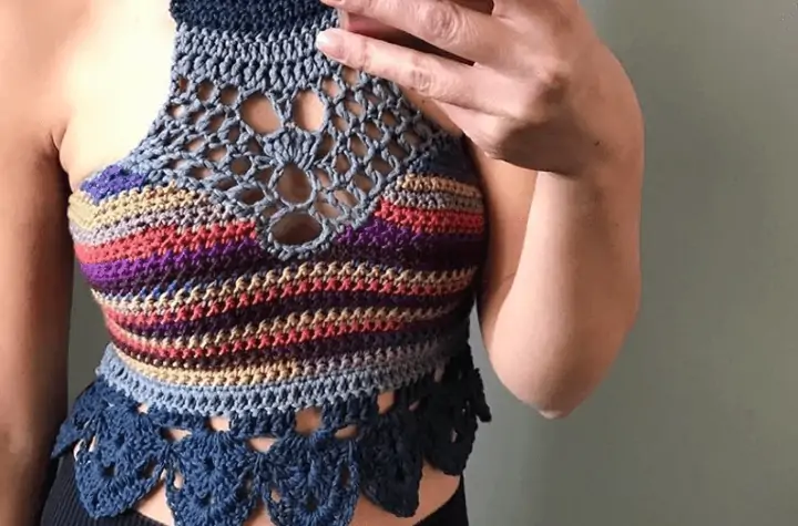 Long, multi-coloured bralette with halter neckline