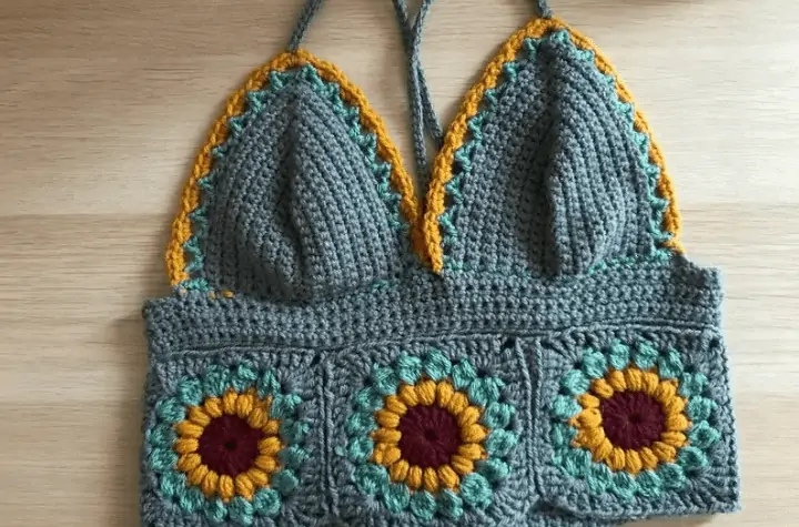 Bralette with sunflower granny squares along the bottom