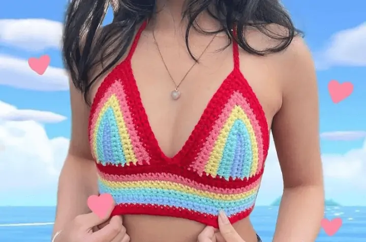 A rainbow crochet bralette.