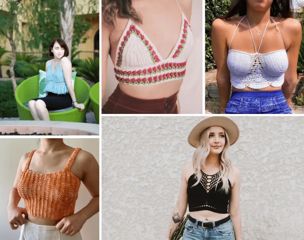 Collage photo of multiple crochet bralette patterns