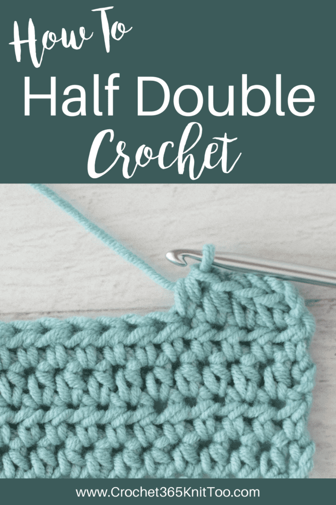 Pin image of half double crochet stitch in blue yarn