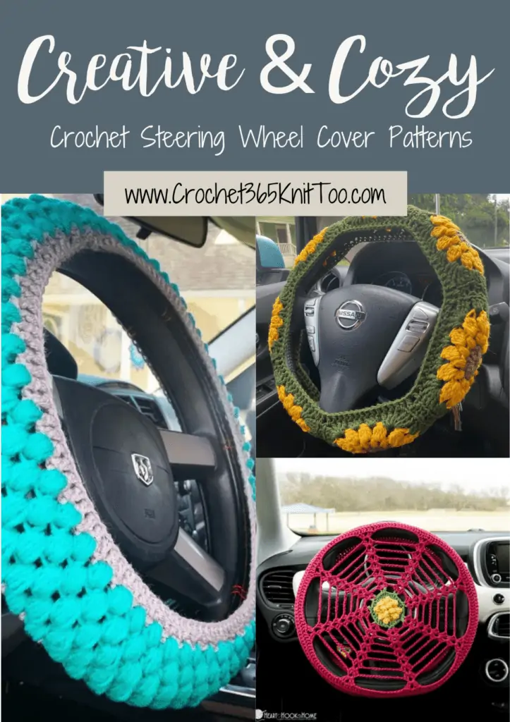 Pinterest graphic of Crochet Steering Wheel Cover Patterns collage