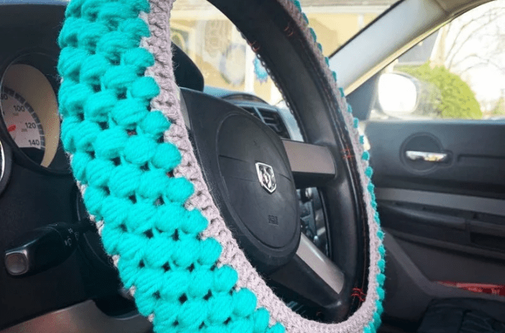 Blue and grey crochet sterring wheel cover