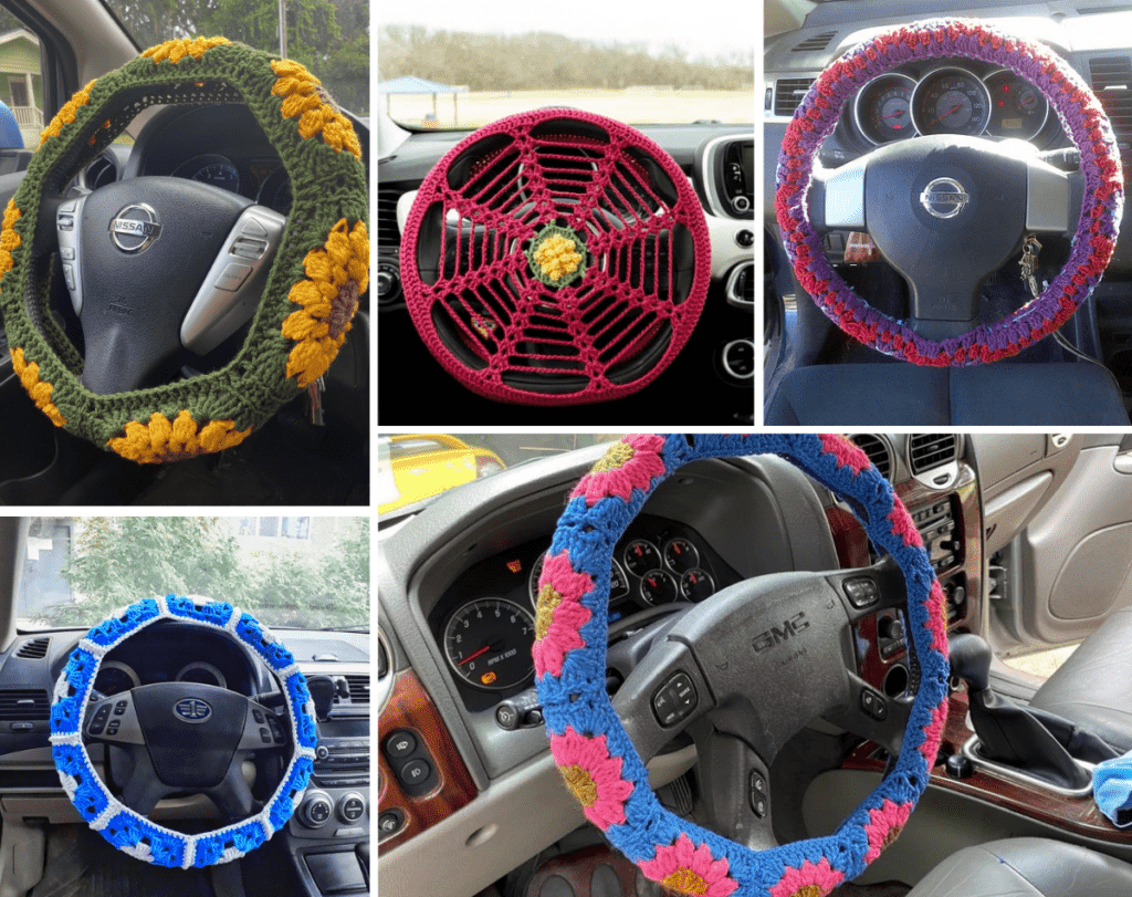 Collage of photos of the crochet steering wheel covers in the round up post