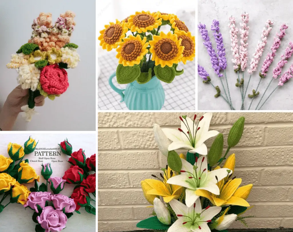 Collage of photos from the crochet flower bouquet post