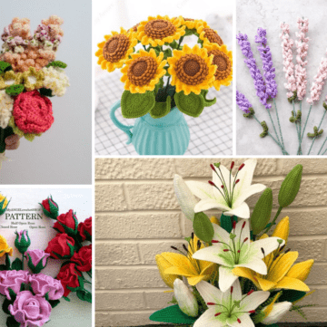 Collage of photos from the crochet flower bouquet post