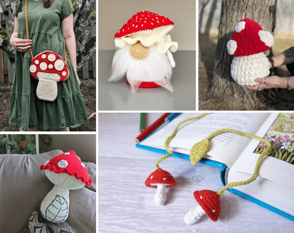 Photo collage of different crochet mushrooms in the round up post of crochet mushrooms