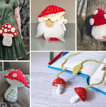 Photo collage of different crochet mushrooms in the round up post of crochet mushrooms
