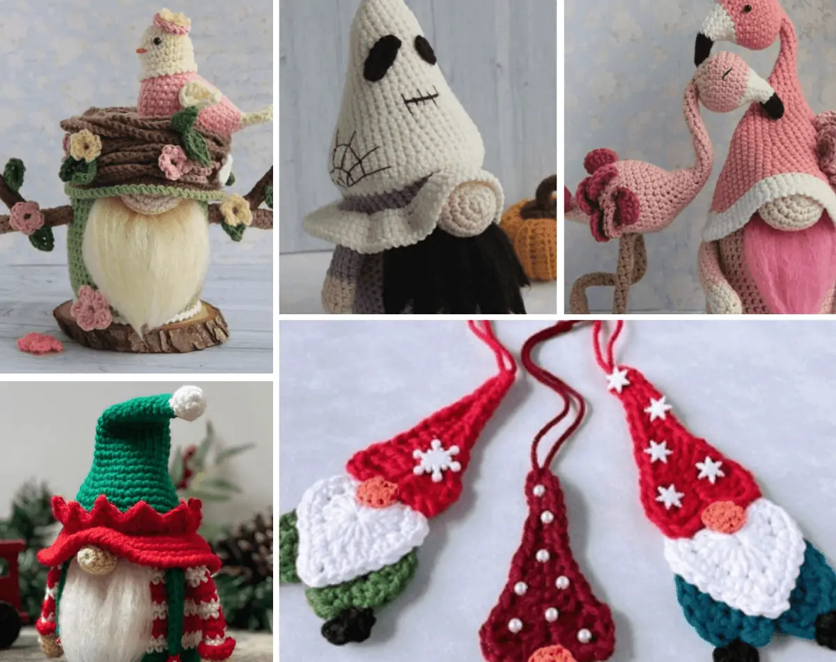 Collage photo of different crochet gnome patterns inlcuding a gnome with branches for arms and a pink bird in a nest as a hat, a gnome with a ghost hat, a pink flamingo gnome, an elf gnome, and 2D gnome ornaments.