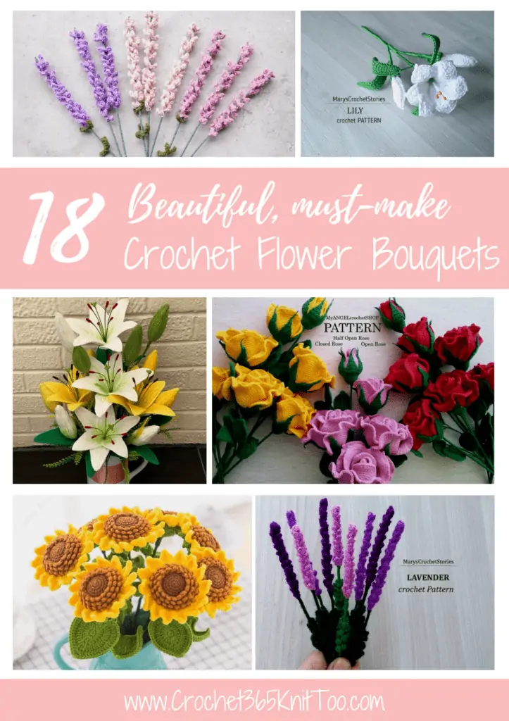 Collage of crochet flower bouquets as a pinterest graphic