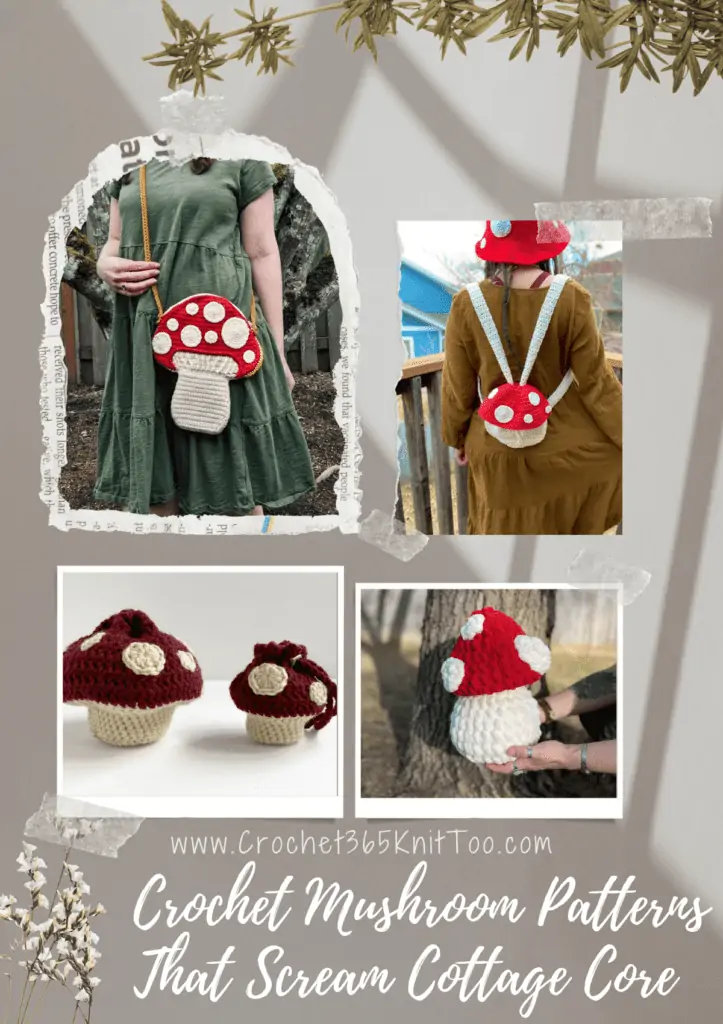 Pinterest photo of crochet mushroom round up blog post featuring four different patterns