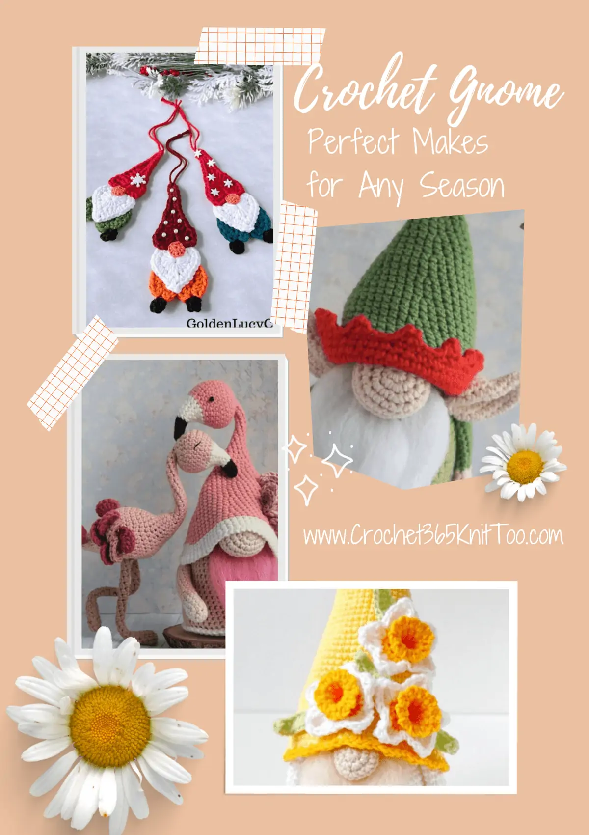 Crochet gnome collage photo for Pinterest that includes 2D gnome ornaments, a flamingo and pink gnome, a elf gnome, and a daisy gnome.