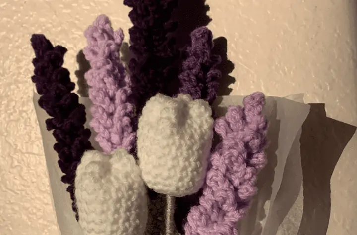 white crochet tulips with purple lavender