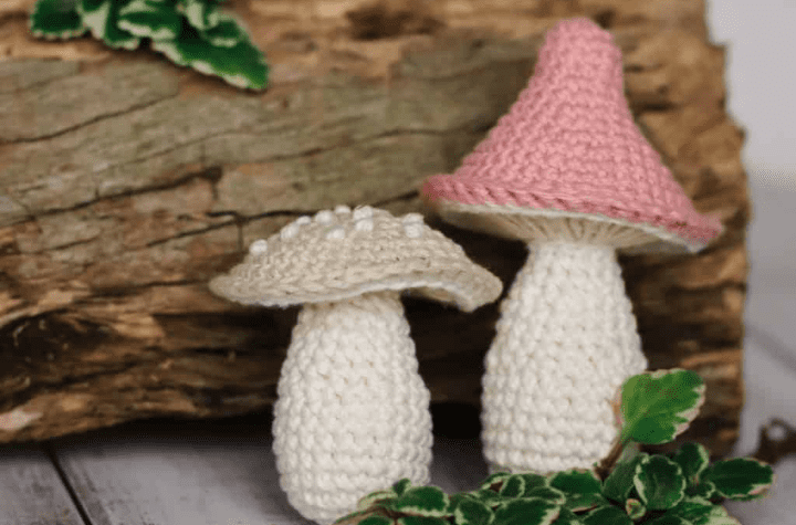 Pink and light brown crochet mushrooms