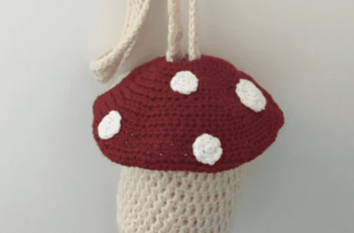 Small crochet mushroom crossbody bag.