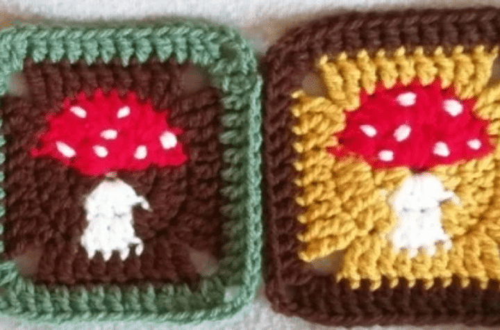 Crochet mushroom granny squares featuring a toadstool mushroom.