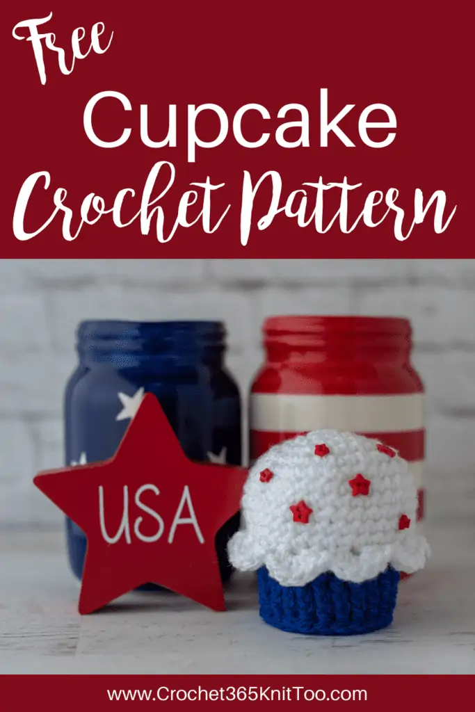 Image of red, white and blue crochet cupcake and patriotic holiday decor