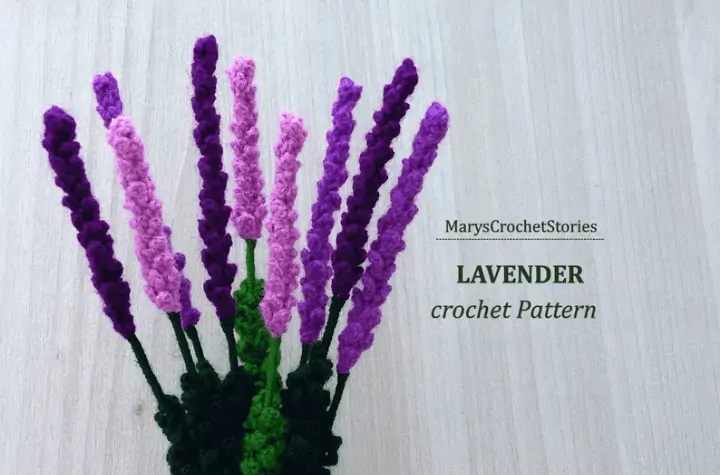 Crochet lavender flowers in multiple shades of purple