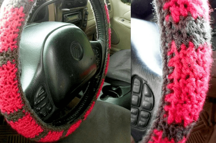 Red and black crochet steering wheel cover