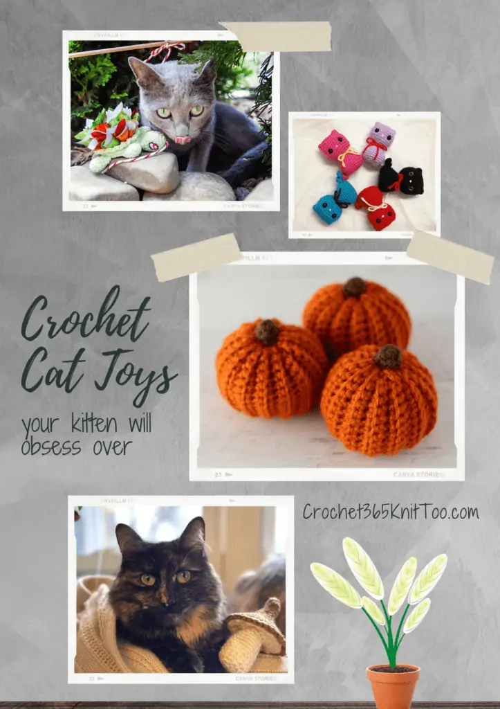 Four crochet cat toy patterns featured in the blog post.