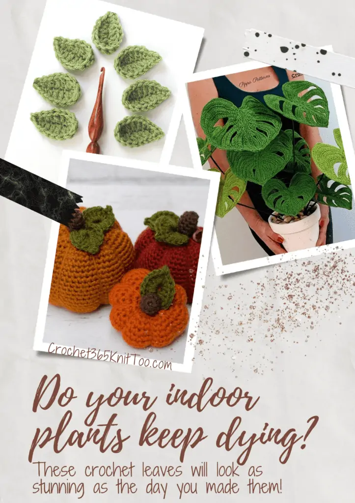 Three crochet leaf patterns in a Pinterest image