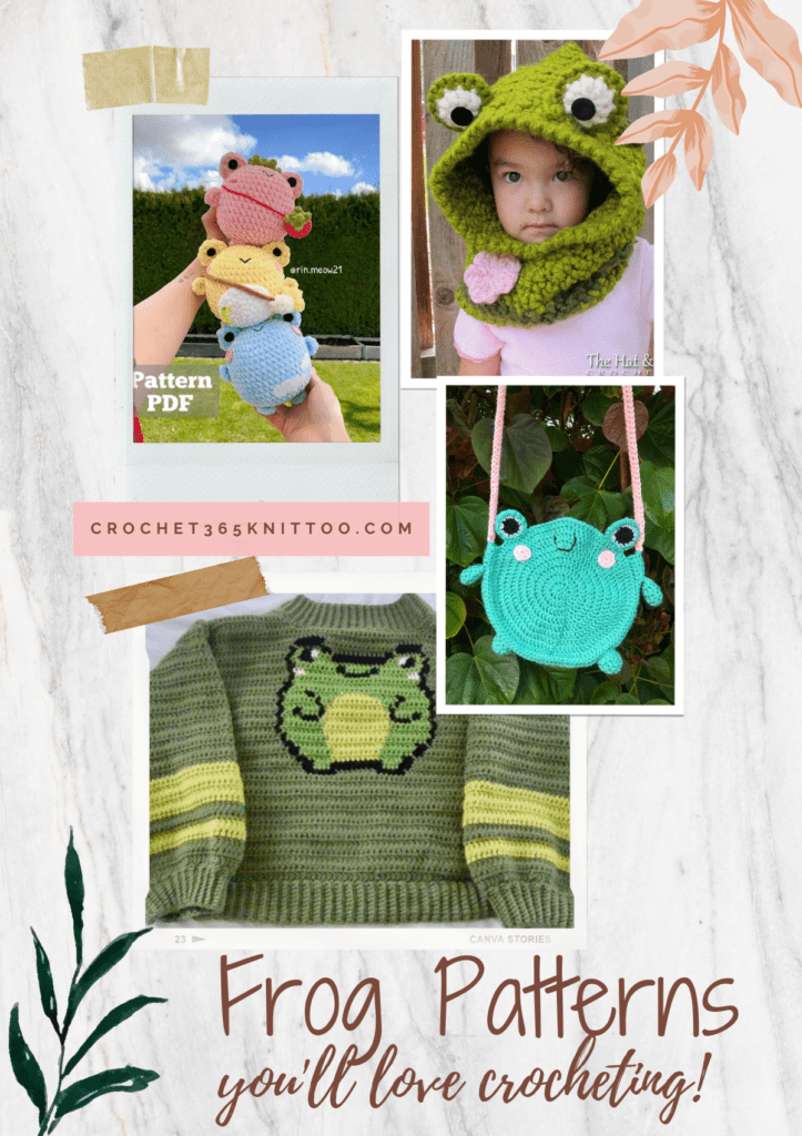 Pinterest image featuring different patterns from the frog crochet pattern round up.