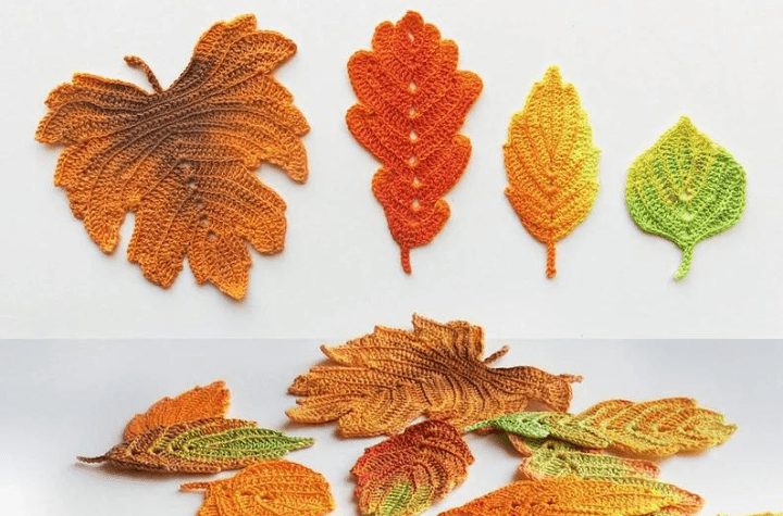 Four different type of crochet leaves for fall.