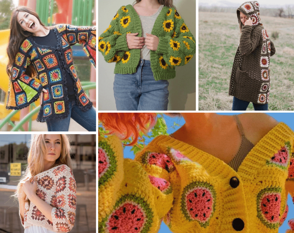 Five different typres of granny square cardigans featured in the post.