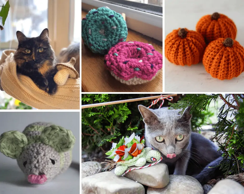 Five crochet cat toy patterns featured in the blog post.