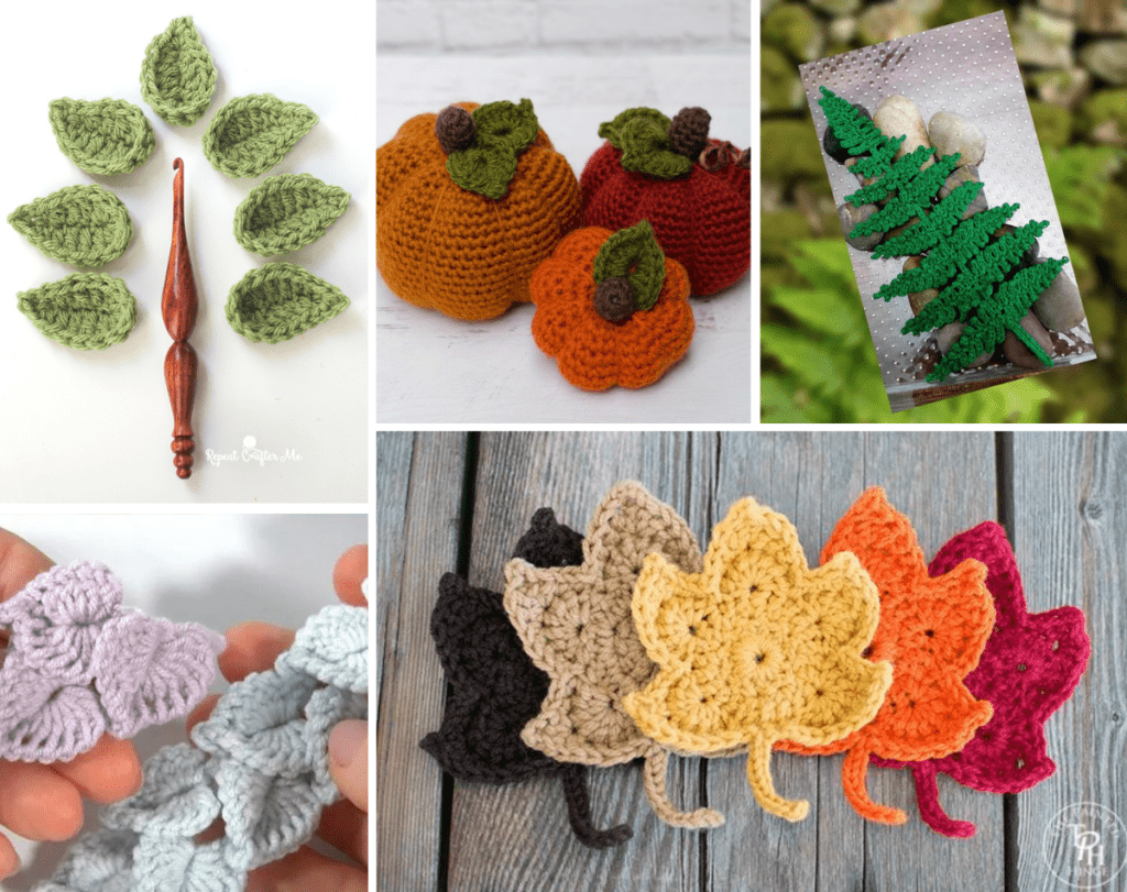 collage of five different crochet leaf patterns.