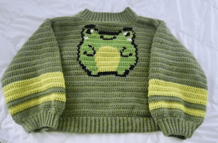 Crochet frog sweater.