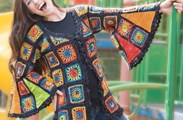 Retro granny square cardigan with bell sleeves.