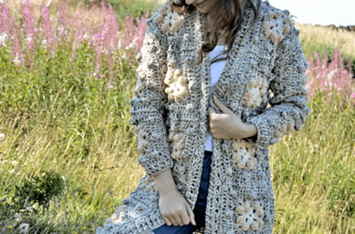 Granny square long cardigan with bobble flowers.