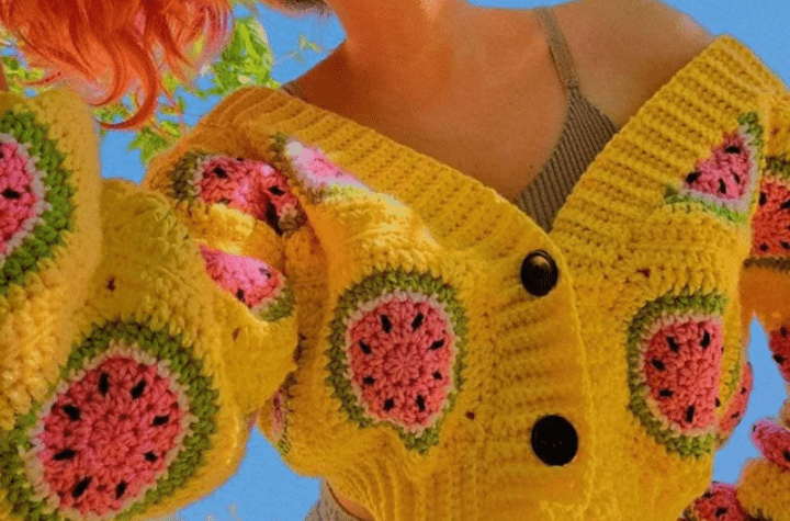 Cardigan carré mamie pastèque.
