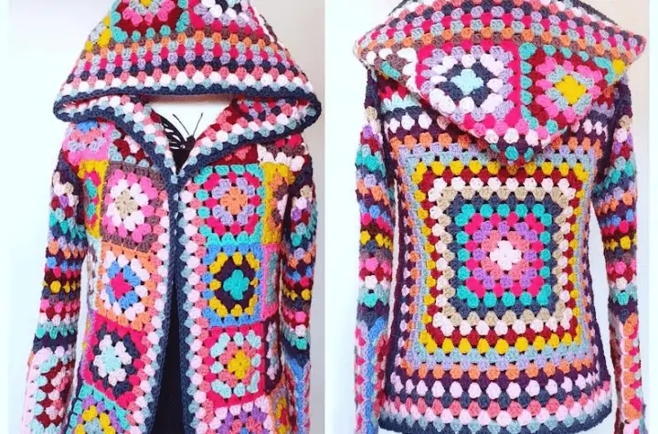 Bright colored cardigan with a hood.