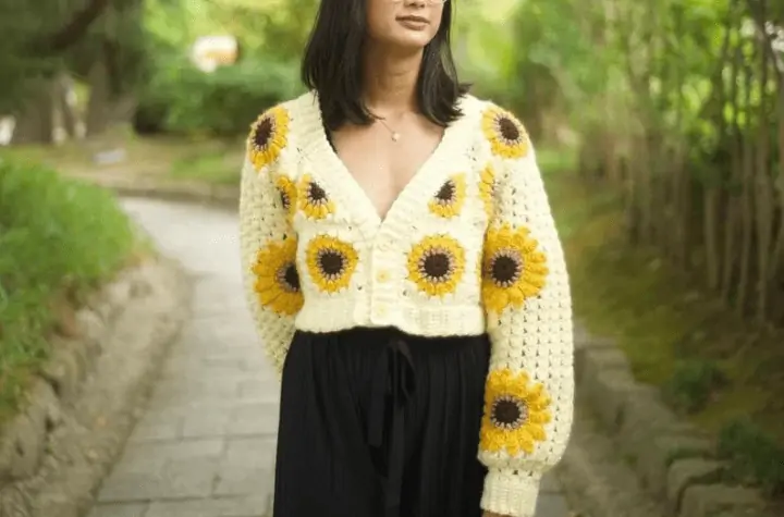 Cropped cardigan with sunflower granny squares.