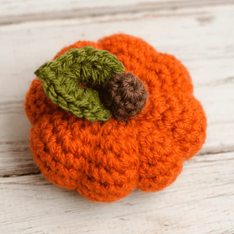 crocheted orang pumpkin with brown stem and green leaves