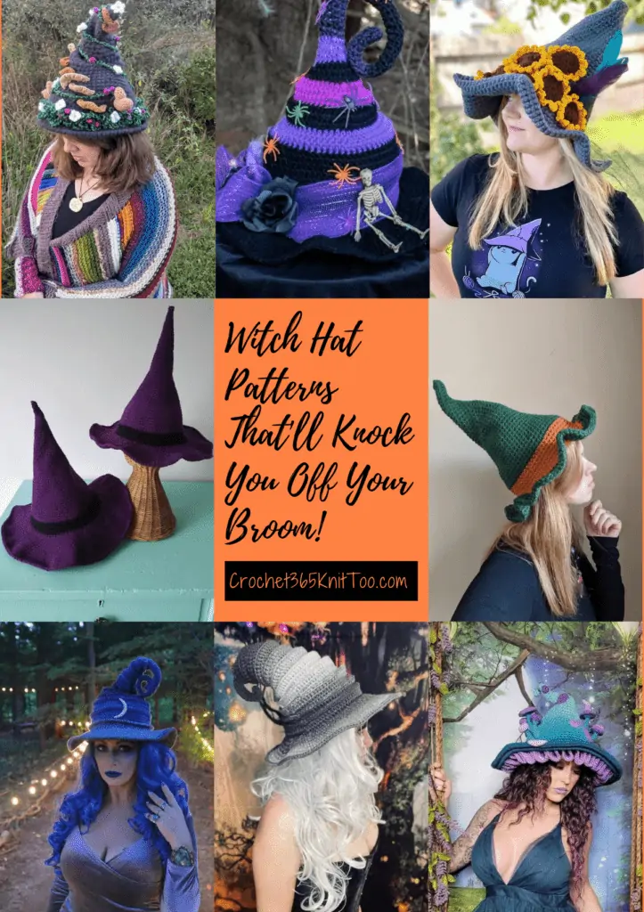 Crochet witch hat Pinterest image featuring eight different patterns.