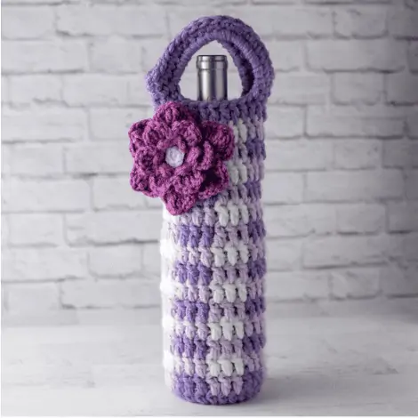 purple gingham wine cozy with pink flower