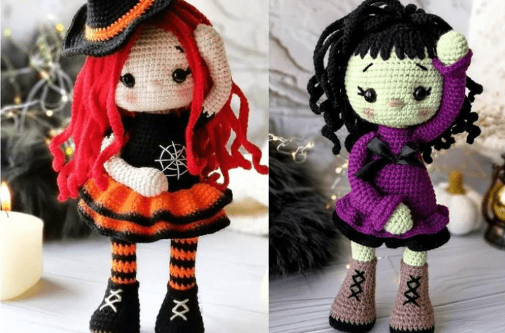 Two amigurumi dolls, one that looks more like a witch, and one that looks like a cute zombie.