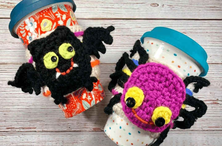 Bat and spider crochet cozy.