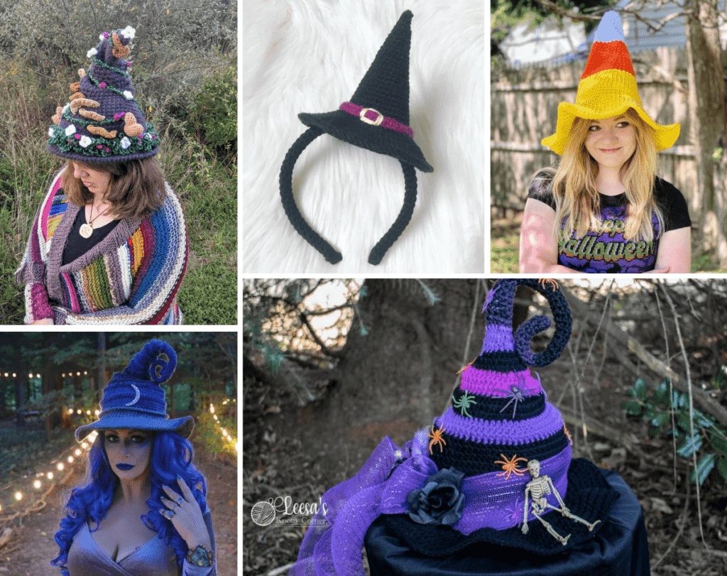 Five different crochet witch hats featured in the witch hat round up.