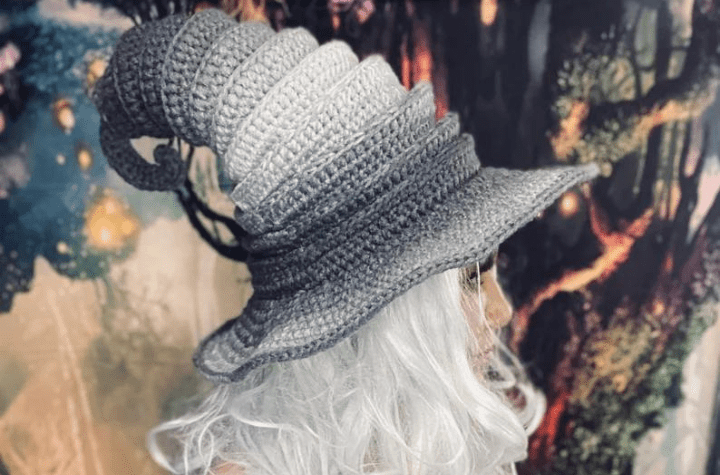 Grey and white twisted crochet hat.