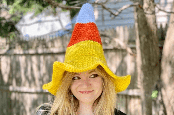 Candy corn witch hat with a floppy brim.