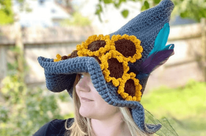 Large, sunflower witch hat with a floppy brim.