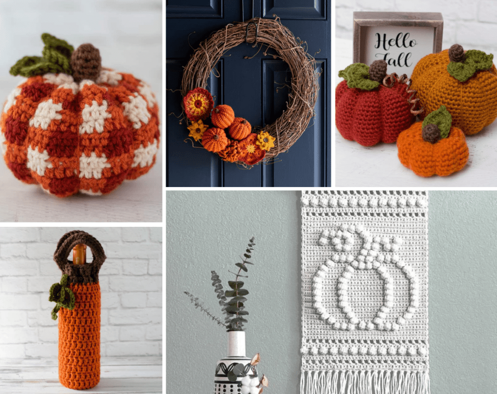 Five different crochet fall decor patterns featured in the post.