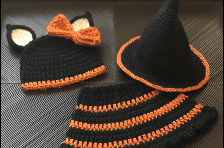 Cat and witch hat Halloween costume with a crochet skirt.