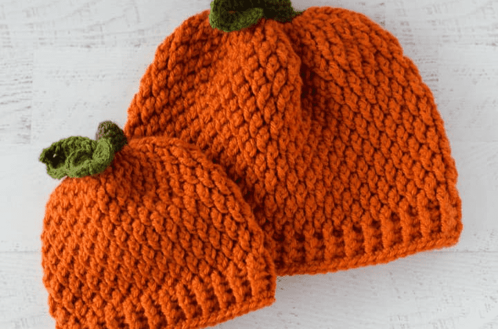 Crochet pumpkin hat, sized for kids and adults.