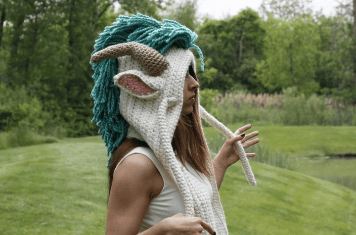 Crochet Dragon hood with a blue mane.